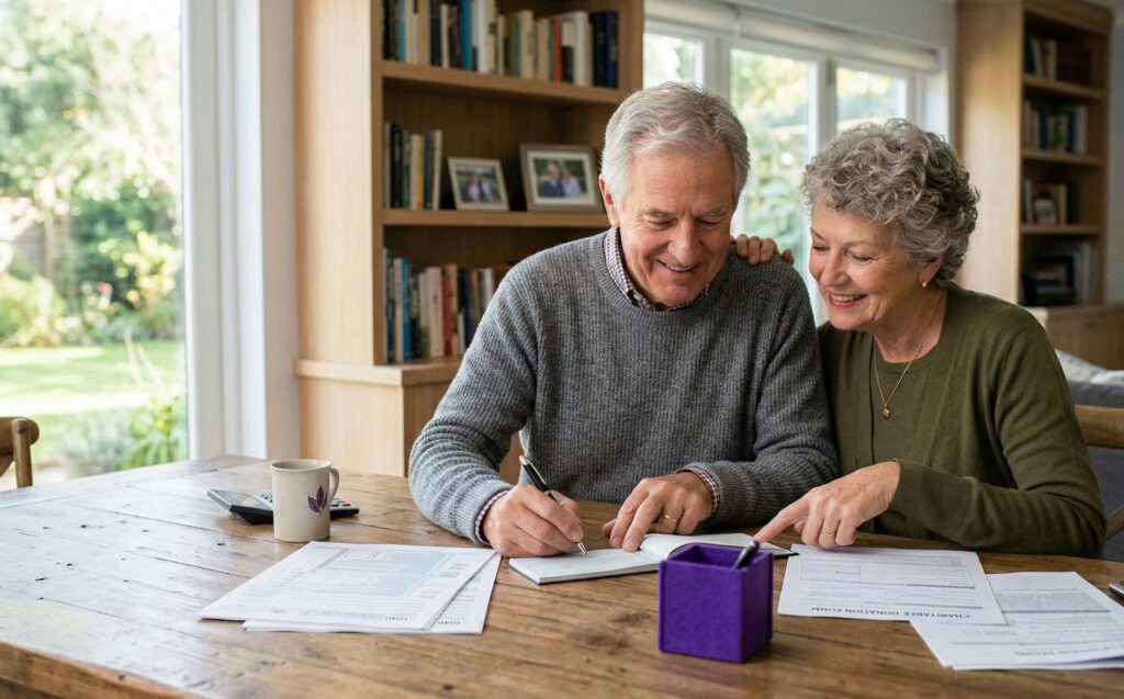 etired couple smiling while reviewing charitable donation forms at home, planning tax-deductible contributions under new OBBBA rules