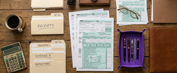 IRS Form 1040 tax returns spread across a wooden desk alongside labeled folders for W-2s, receipts, Schedule A, and deductions