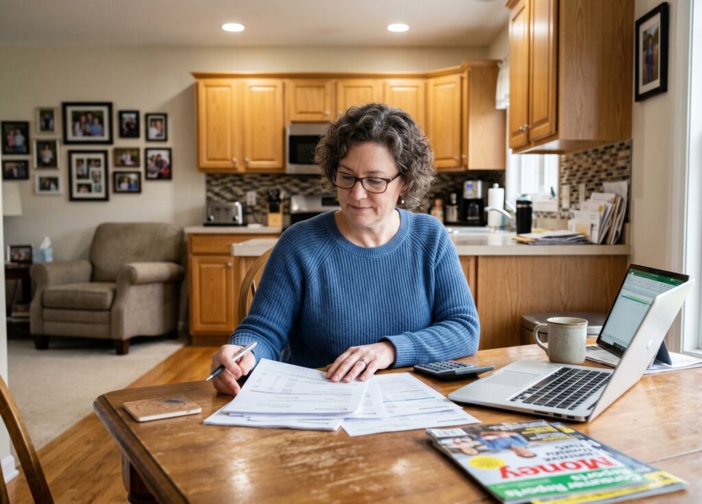 Middle-aged woman with glasses reviewing financial documents at a kitchen table with a laptop and calculator nearby