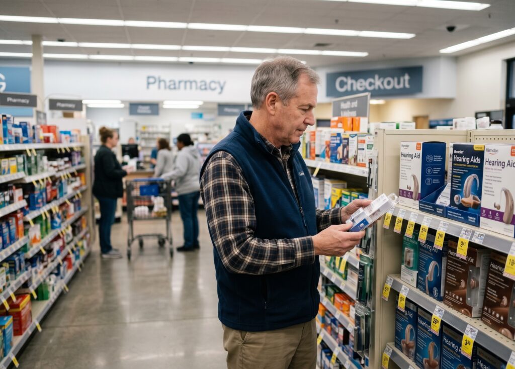 Senior man reading the packaging of an OTC hearing aid at a pharmacy retail shelf with multiple hearing aid options displayed