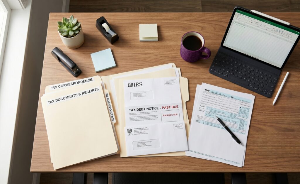 Desk with IRS correspondence folders, a tax debt notice marked past due, a Form 1040, and a tablet, viewed from above