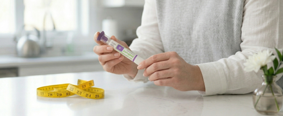 Person in a white sweater holding a Zepbound weight loss injection pen over a white kitchen counter with a yellow measuring tape nearby