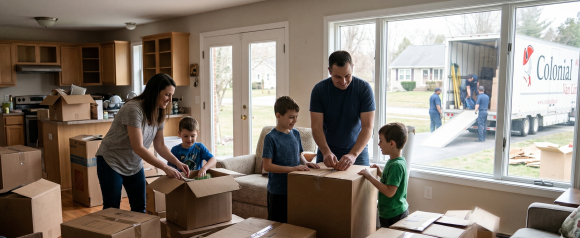 Family with three kids unpacking moving boxes in a new home living room with a Colonial Van Lines truck visible through the window