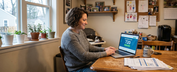 Smiling woman checking a 720 excellent credit score on a laptop at a kitchen table with credit report documents nearby