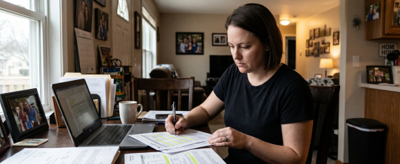 Focused woman taking notes while reviewing highlighted credit report documents at a home desk with a laptop open nearby