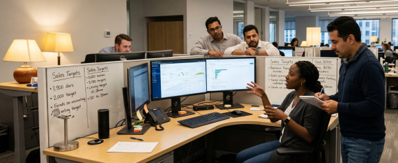 Diverse sales team gathered around a desk with dual monitors showing CRM dashboard charts and data in a busy open-plan office