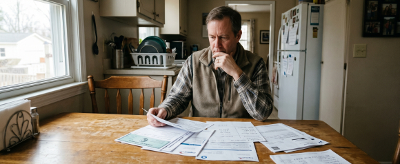 Worried middle-aged man sitting at a kitchen table reviewing a stack of bills and financial documents with a concerned expression