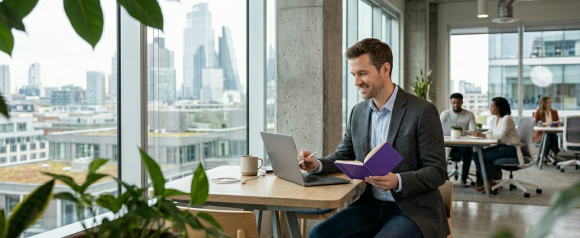 Smiling professional man in a gray blazer writing in a purple notebook at a laptop desk in a modern coworking space overlooking a city skyline