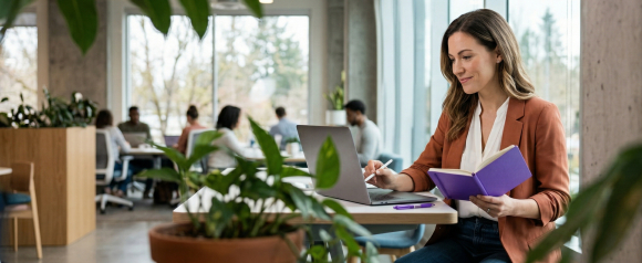 Professional woman in an orange blazer writing in a purple notebook while working on a laptop in a bright plant-filled coworking space