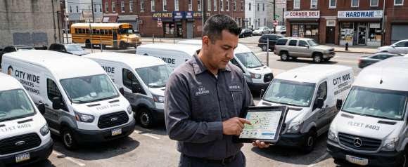 Fleet operations manager checking a GPS tracking dashboard on a tablet while standing in front of multiple service vans in a company yard.