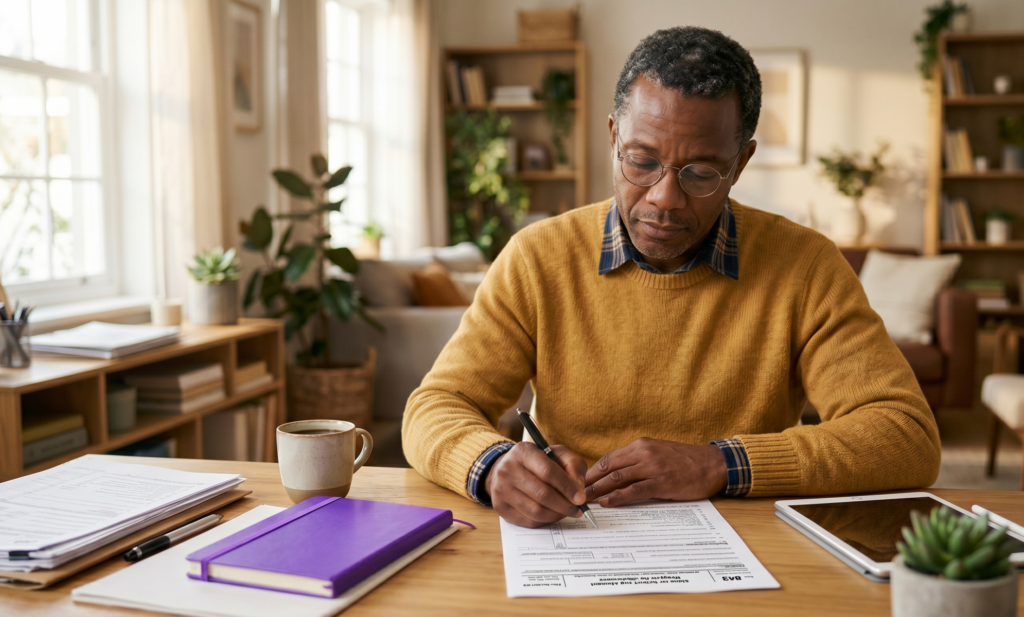 Man wearing glasses and yellow sweater carefully filling out IRS Form 843 at a home desk with a purple notebook and tablet nearby