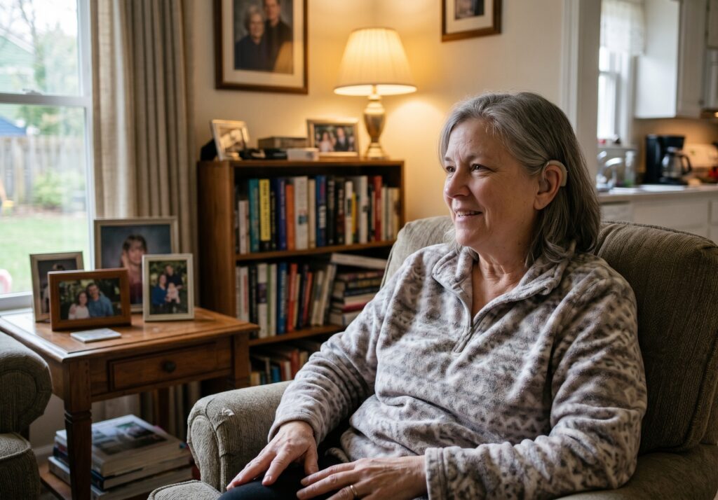 Senior woman with a hearing aid smiling in a cozy living room armchair surrounded by family photos and books