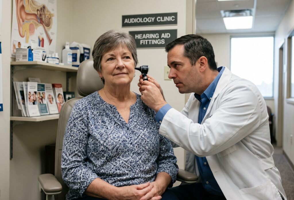 Audiologist using an otoscope to examine a senior woman's ear at a hearing aid fitting clinic