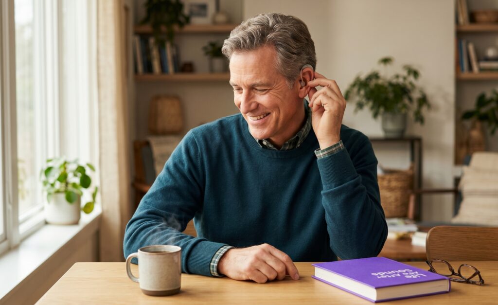 Smiling middle-aged man adjusting a hearing aid in his ear while sitting at a table with a coffee mug and book
