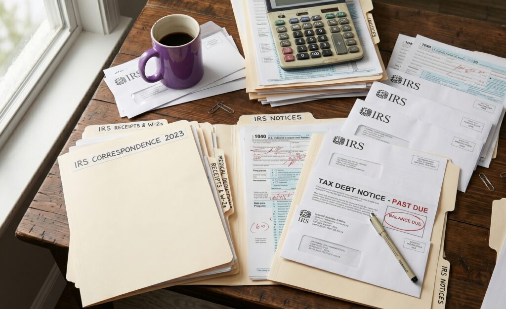 Desk covered in IRS correspondence folders, a tax debt notice marked past due, Form 1040 documents, and a calculator next to a coffee mug