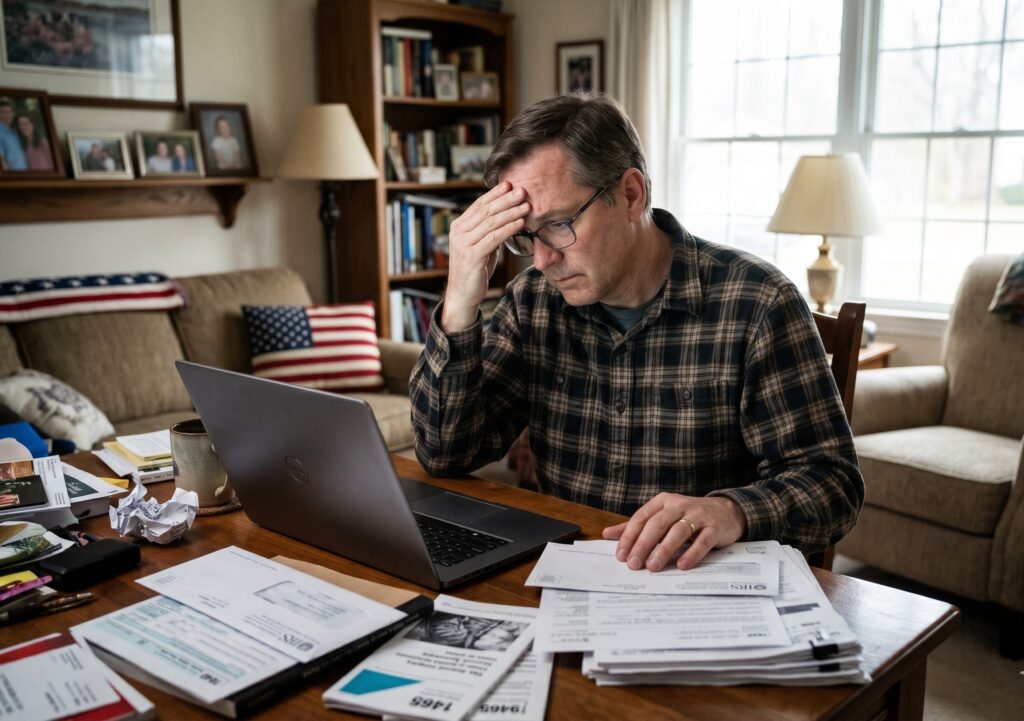 Stressed middle-aged man reviewing IRS tax notices and documents at a home desk with a laptop open