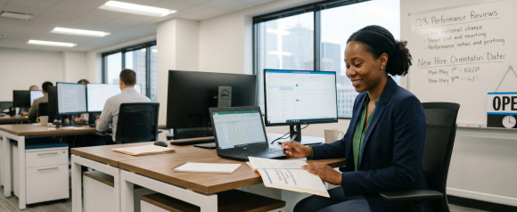 HR manager reviewing employee benefits documents at a modern office desk with a whiteboard showing performance reviews and new hire dates in the background