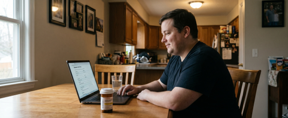 Man with higher BMI completing a telehealth intake form on a laptop at a kitchen table with a prescription bottle nearby