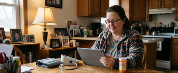 Smiling woman with higher BMI checking a digital health portal on a tablet at home with a blood pressure monitor and prescription bottle on the table