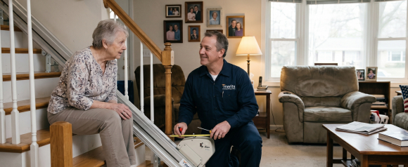 Merits technician kneeling beside a stairlift track while consulting with an elderly woman seated on her home staircase