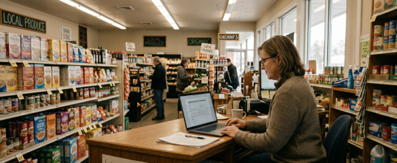 Small business owner reviewing a Certificate of Insurance on a laptop behind the counter of a local grocery store