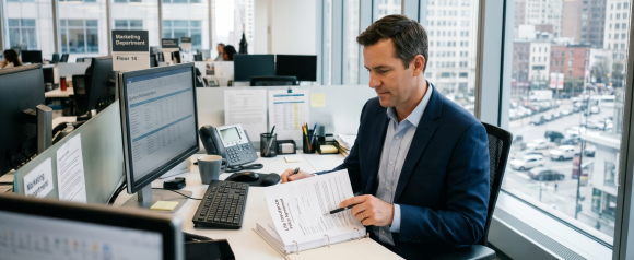 Professional man in a suit reviewing a life insurance policy agreement binder at a corporate office desk with a city view