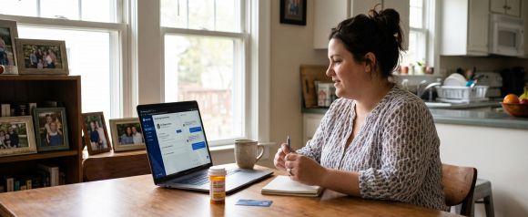 Woman with higher BMI taking notes while accessing a telehealth platform on a laptop at home, with a prescription bottle and credit card on the table