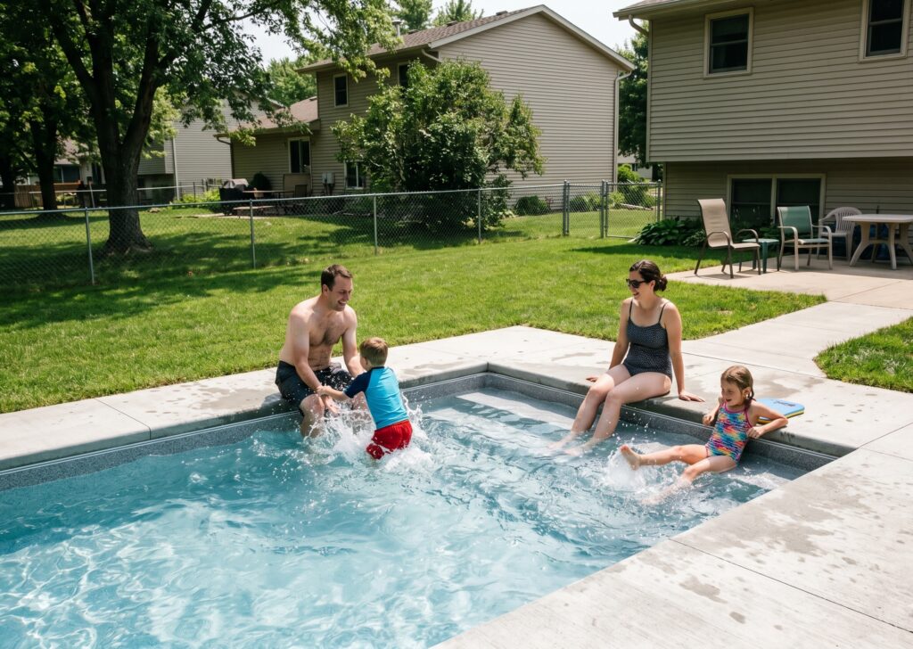 Family with two young children splashing and playing in a newly installed inground swimming pool in a suburban backyard
