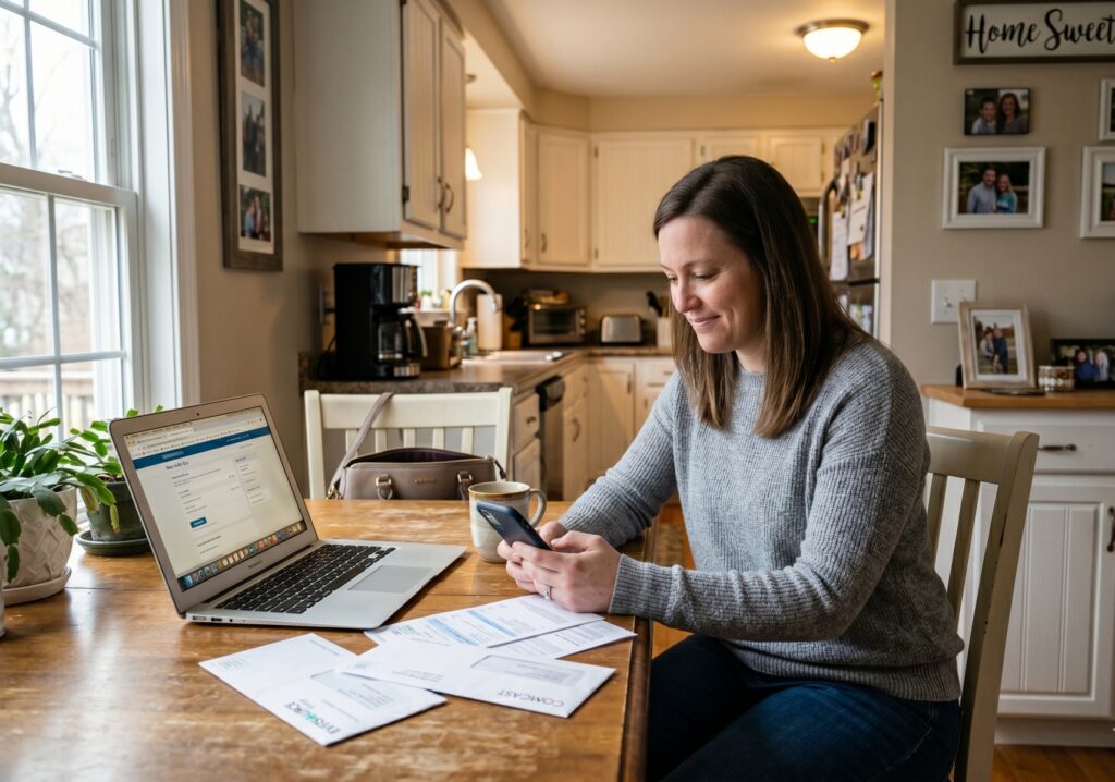 Smiling woman checking her phone at a kitchen table with bills and a laptop open, reviewing her tax refund deposit