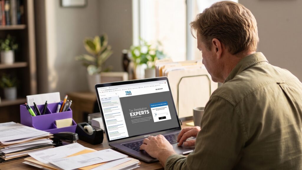 Man at home office desk reviewing the Tax Relief Advocates website on a laptop, surrounded by stacks of tax documents and paperwork