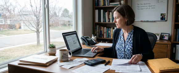 Accountant filing 1099 tax forms at a home office desk with a calculator, tax documents, and a laptop open to a tax filing platform