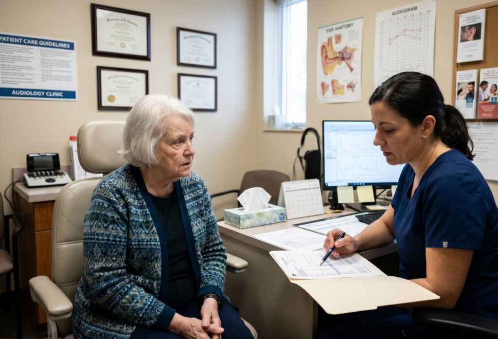 Senior woman in a serious conversation with an audiologist at a clinic, with an audiogram and ear anatomy chart visible on the wall
