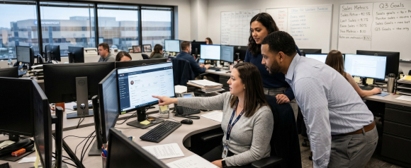 Three colleagues gathered around a monitor showing the Thryv CRM customer dashboard in a busy sales office with whiteboards in the background