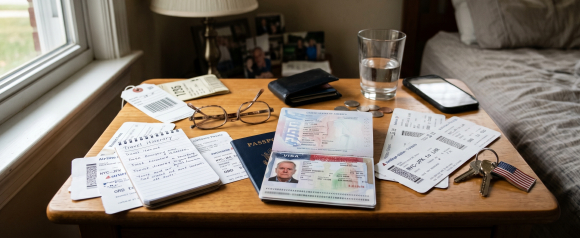 Open US passport with visa, boarding passes, travel itinerary notebook, and keys spread across a wooden nightstand before a trip