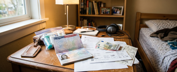 Open passport with visa stamps, boarding passes, euro bills, and travel toiletries spread across a wooden desk in a bedroom