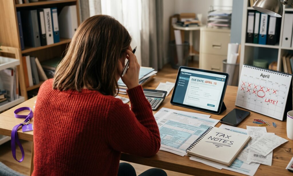Woman in red sweater sitting at desk with head in hand, surrounded by tax forms and a calendar marked late past the April 15 due date
