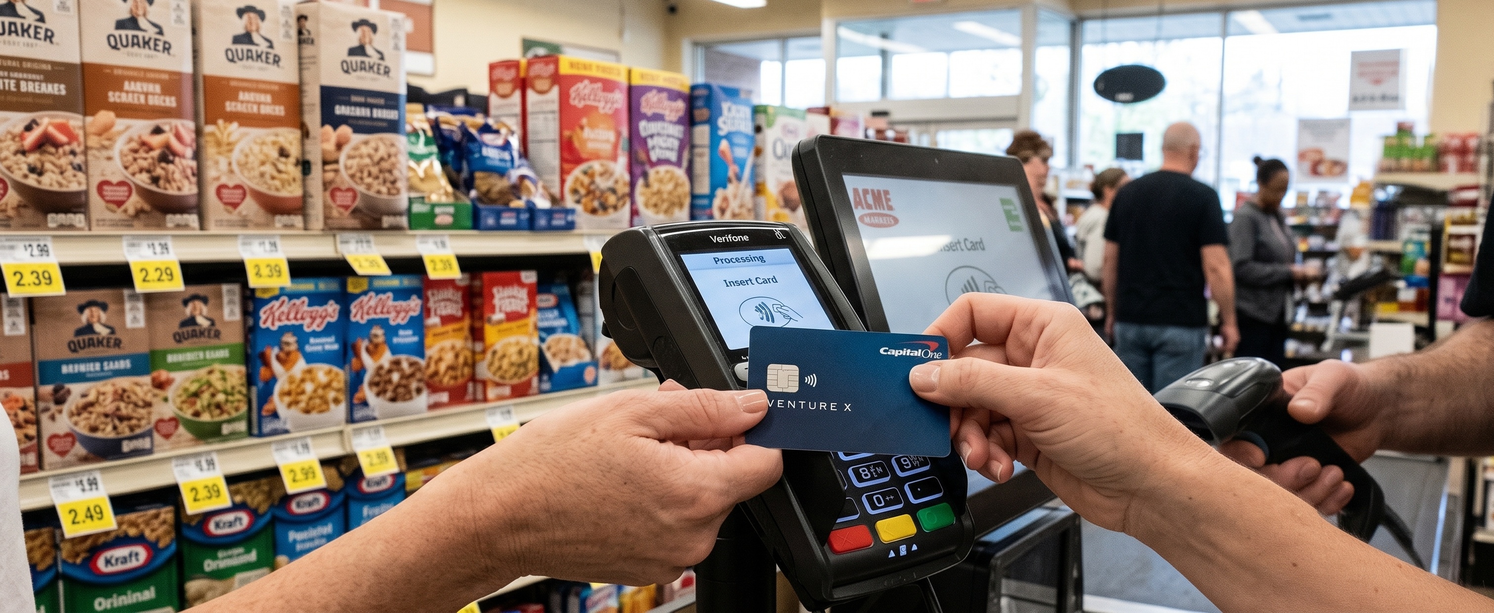 Customer inserting a Capital One Venture X credit card into a payment terminal at a grocery store checkout counter