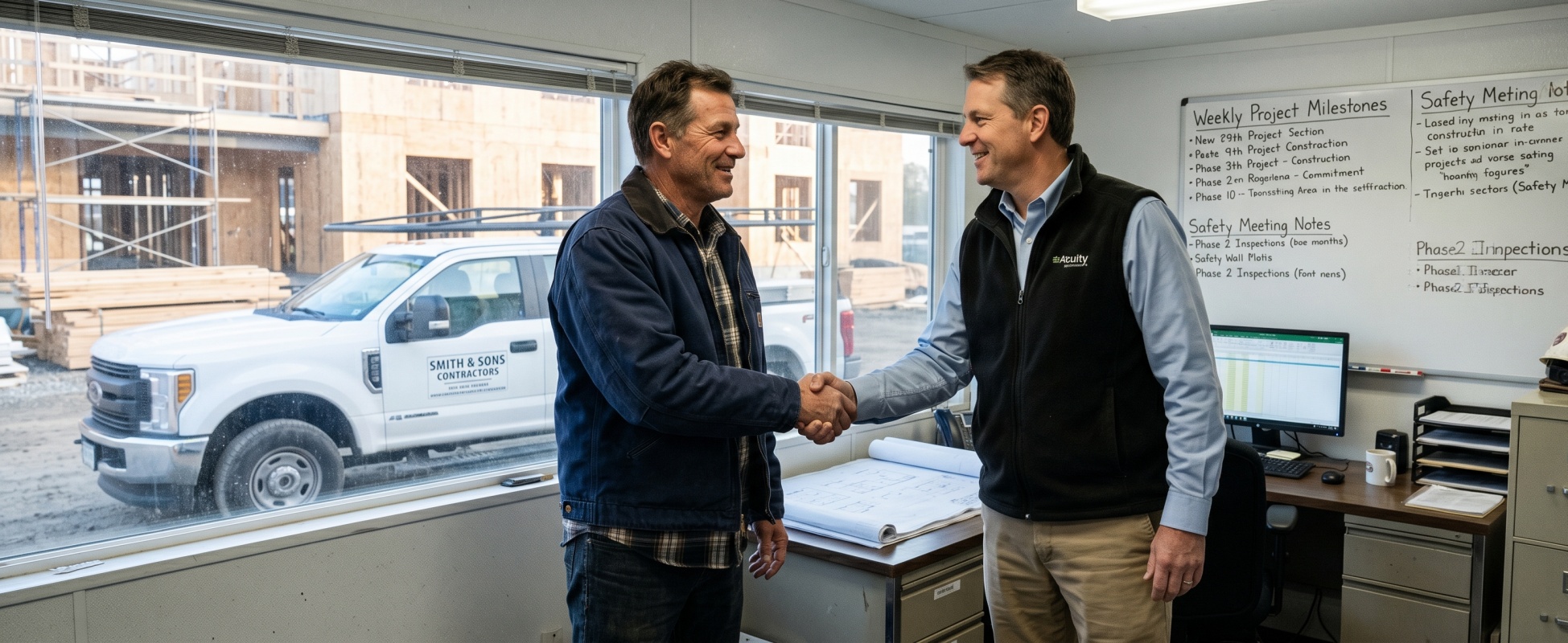 Construction contractor in work jacket shaking hands with smiling Acuity insurance agent in site office, with branded company pickup truck and project visible through window