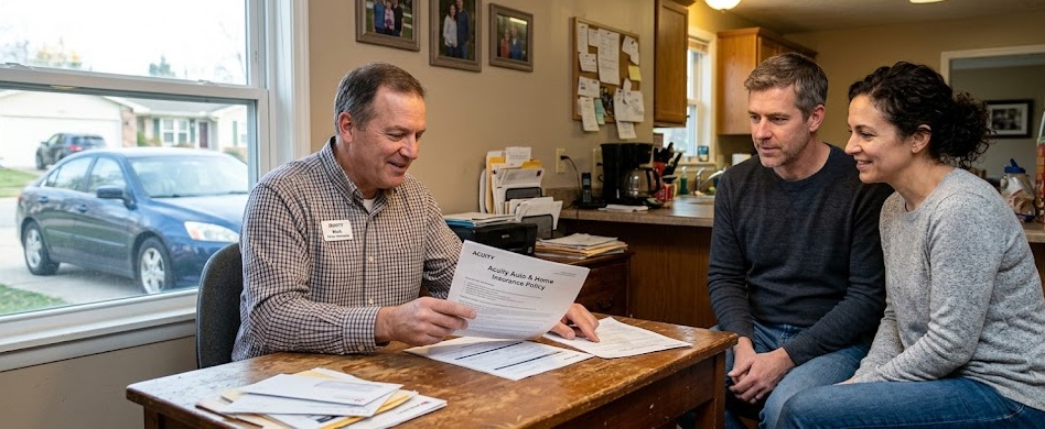 Acuity insurance agent reviewing an Acuity Auto and Home Insurance Policy document with a couple at a local home office desk