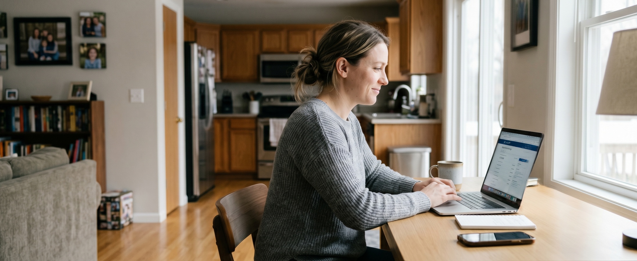 Smiling woman managing her Alliant savings account on a laptop at a home desk near a sunny window with a coffee mug nearby
