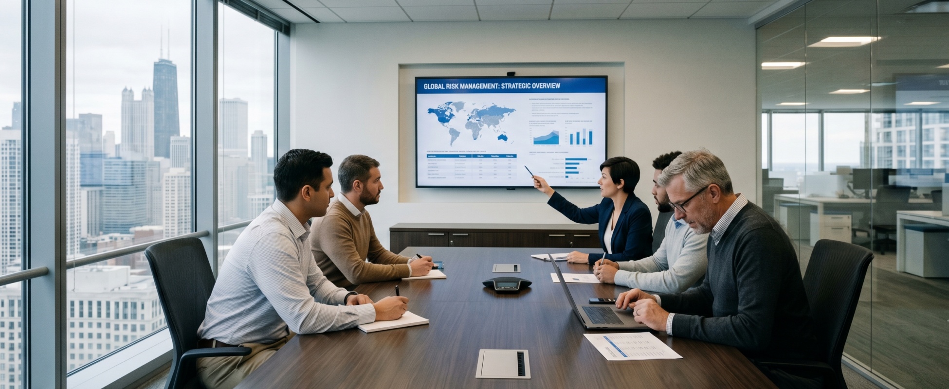 Executive team reviewing a Global Risk Management Strategic Overview presentation in a high-rise conference room with a city skyline visible through floor-to-ceiling windows