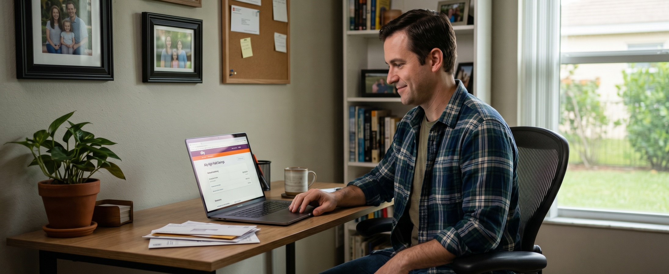 Man reviewing his Ally High Yield Savings account on a laptop at a home office desk with family photos and a garden view in the background