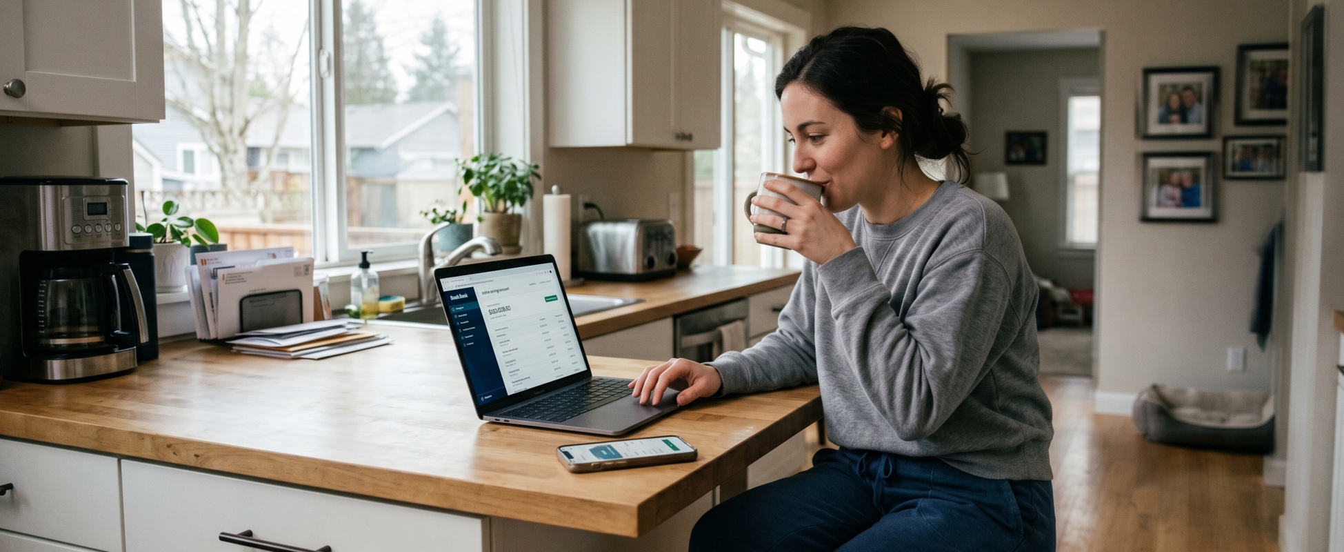 Young woman in gray sweatshirt sipping coffee while reviewing Bask Bank online savings account dashboard on laptop at sunlit kitchen counter, with mobile banking app on phone nearby
