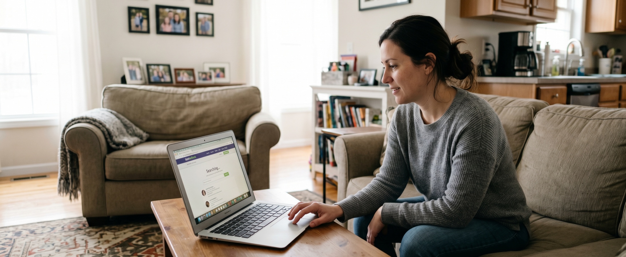 Smiling woman running a people search on BeenVerified on a laptop while sitting on a couch in a bright home living room