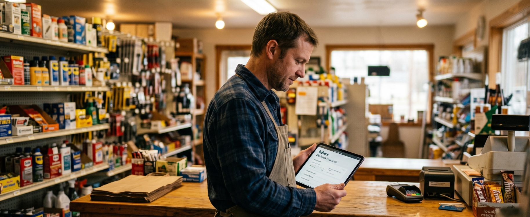 Small hardware store owner in plaid shirt and work apron reviewing biBerk Business Insurance dashboard on tablet at the front counter, with shelves of tools, paints, and merchandise softly blurred in the background
