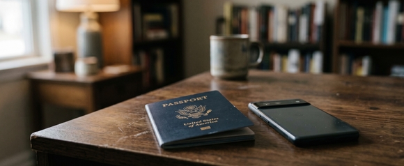 US passport and smartphone face-down on a wooden desk, signaling Bitget is unavailable to American users