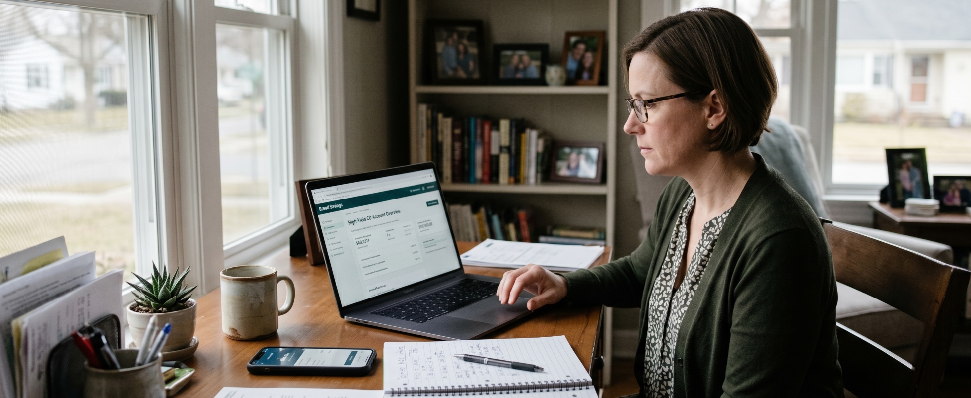 Focused woman in glasses and green cardigan reviewing Bread Savings high-yield CD account overview on laptop at home office desk, with smartphone, notebook, and rate calculations nearby