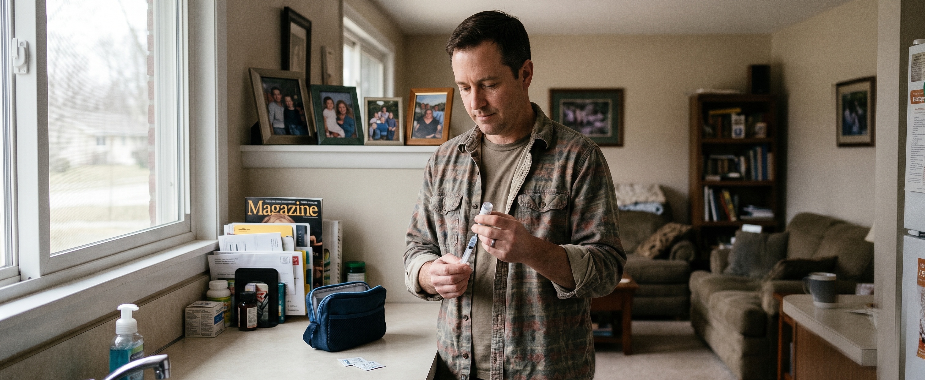 Man in a flannel shirt preparing a testosterone injection at his kitchen counter with medication supplies nearby