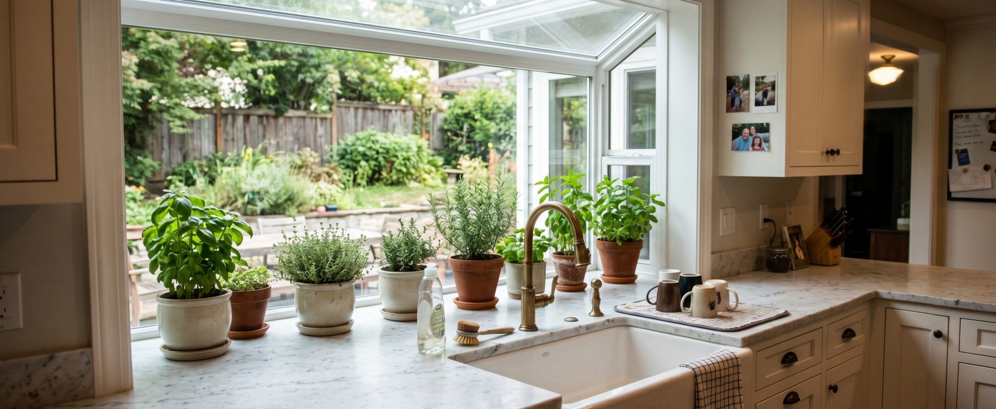 Beautiful kitchen garden window with white frame above a farmhouse sink, filled with potted fresh herbs, overlooking a lush green backyard