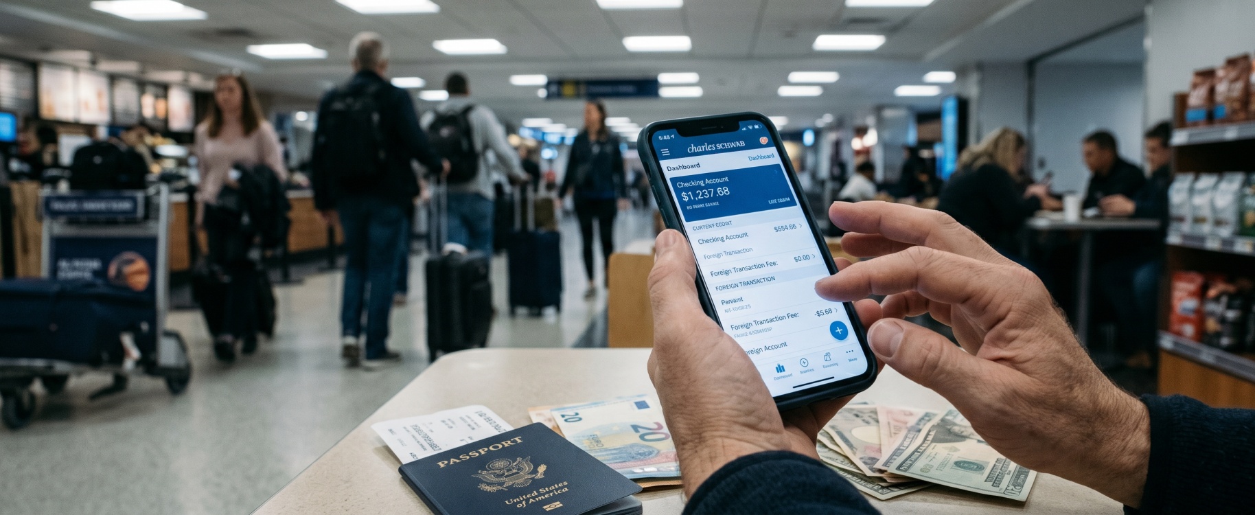 Hands holding smartphone showing Charles Schwab banking app dashboard with checking balance and foreign transaction with $0.00 fee in sharp focus, with US passport, euros, and dollar bills on airport table softly blurred in background